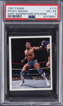 1997 Panini WWF #113 Rocky Maivia "The Rock" True Wrestling Rookie Card - PSA VG-EX 4